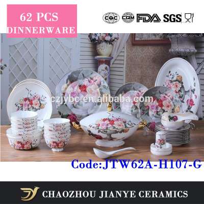 62 pcs luxury elegant fine bone china rose pattern porcelain dinnerware dinner set with gold rim