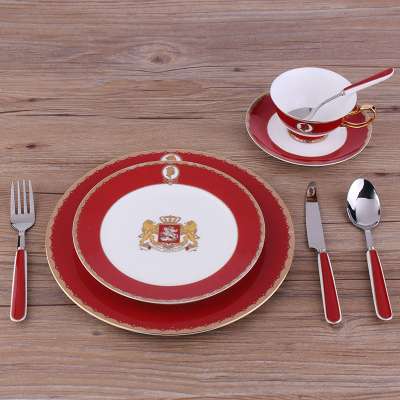 European Types Of Red Decaled With Gold Painted Fine Bone China Dinner Sets Of 8PCS