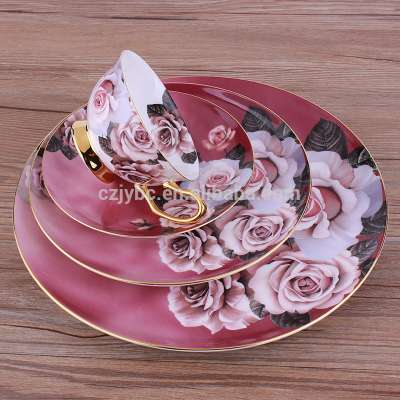 European Types Of Fine Bone China Rose Flower Gold Painted Dinner Set Porcelain Dinnerware Set Of 8PCS